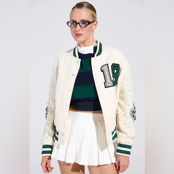 AKIRA BETTER LUCK NEXT TIME EMBELLISHED BOMBER Cream Varsity Jacket L Large Coat - Picture 2 of 5